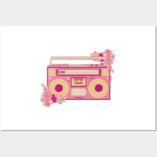 Vintage retro kawaii cassette portable media player radio stereo sticker pink and green with flowers Posters and Art